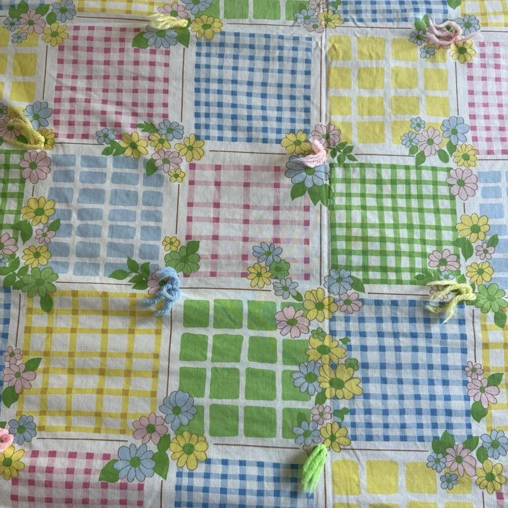 Vintage Quilt Blanket 65x45 Floral Gingham Patchwork Tied Pastel Nursery Retro